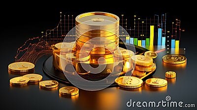 Golden coins stack over black background with business graph Stock Photo