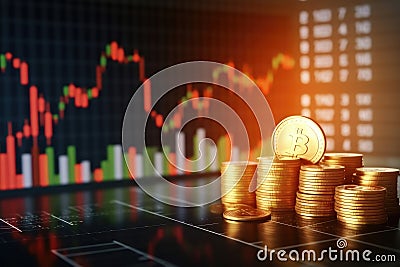 Golden coins and stock market graph background, business and financial concept Stock Photo
