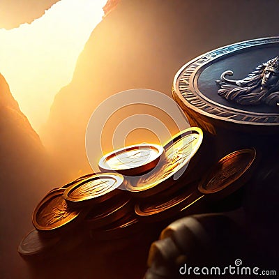 Golden coins on the top of the mountain in the rays of the rising sun Generative AI Stock Photo