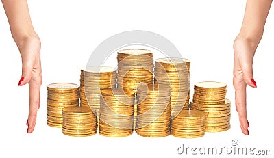 Golden coins and woman hands isolated on white Stock Photo