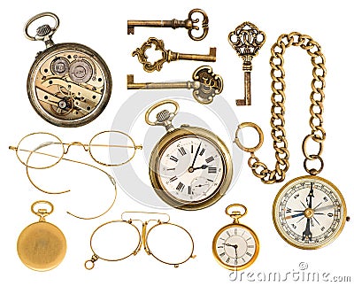 Golden collectible accessories. antique keys, clock, glasses, co Stock Photo