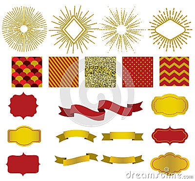 Golden collection of christmas patterns, sunburst, ribbons and labels. Vector Illustration