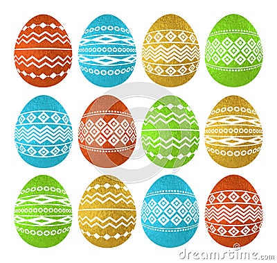 Golden color Easter eggs isolated on white background. Holiday Easter Eggs decorated with geometric shapes. Print design, label, Vector Illustration