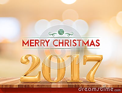 Golden color 2017 Merry christmas (3d rendering) on brown wood t Stock Photo