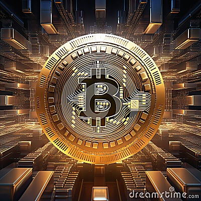 Golden colored Bitcoin symbol digital illustration Cartoon Illustration