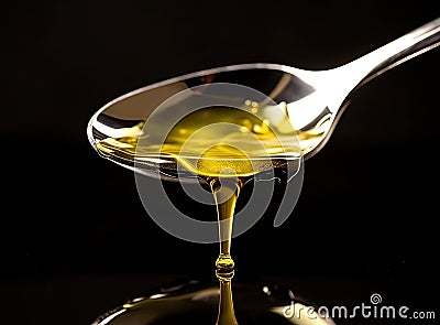 A golden colored olive oil being poured from a spoon isolated on the background. Generative AI Stock Photo