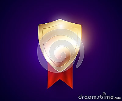 Golden colored safeguard shield with reflections and glow effects and red ribbon. Vector Illustration