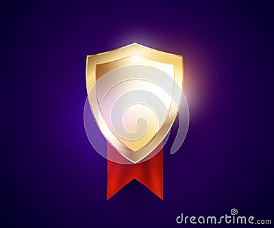 Golden colored safeguard shield with reflections and glow effects and red ribbon. Vector Illustration