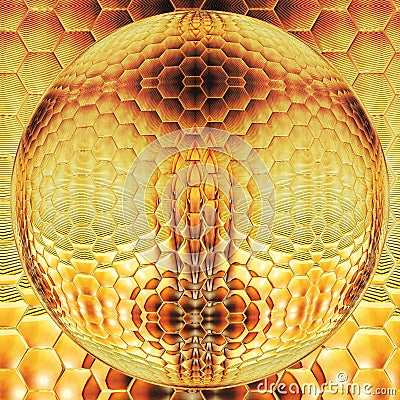 Golden coloured hexagonal mosaic made from many individual tiles onto spherical Stock Photo