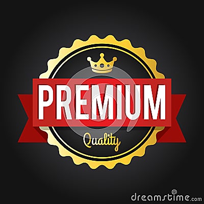 Premium quality stamp. Golden shiny genuine commerce Label/Badge with gold crown Vector Illustration