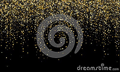 Golden confetti and falling gold glitter, black vector background. Carnival or birthday party glowing golden confetti background Vector Illustration