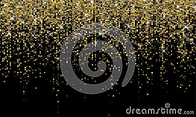 Golden confetti falling on sparkling gold glitter background. Vector carnival party golden confetti glow on black background Vector Illustration