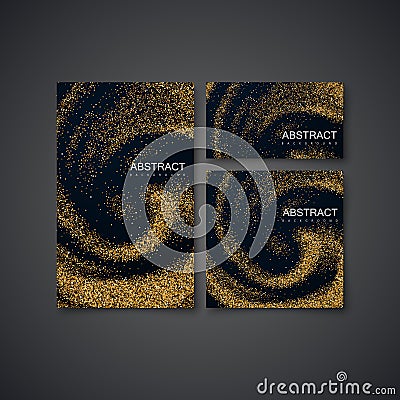 Golden Confetti Glitters On Black Swirling Background. Vector Illustration