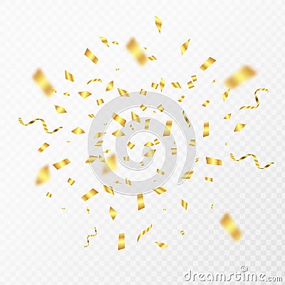 Golden confetti. Gold 3D party shiny flying particles. Vector falling carnival decoration for flyer greeting card Vector Illustration