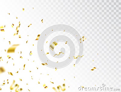 Golden confetti splash on transparent background. Falling shiny gold confetti frame. Bright festive tinsel. Party Vector Illustration