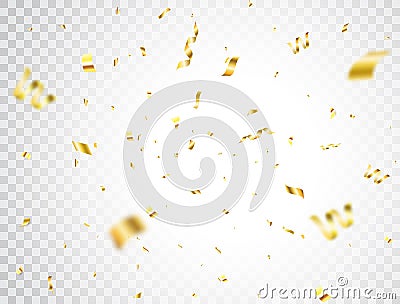 Golden confetti on transparent background. Luxury gold confetti border. Bright festive tinsel. Celebration party Vector Illustration