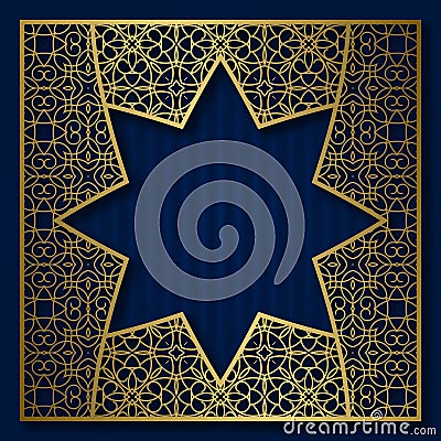 Golden cover background with traditional patterned frame in eight pointed star form Vector Illustration