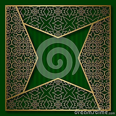 Golden cover background with traditional patterned frame in four pointed star form Vector Illustration