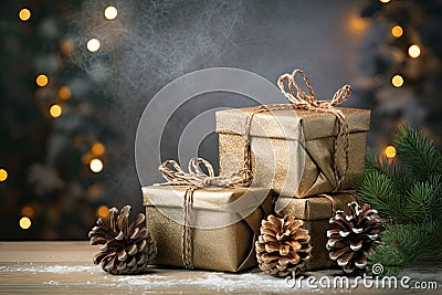 Golden craft paper wrapped gift boxes with pine cones and fir branches, on background soft-focused Christmas lights Stock Photo