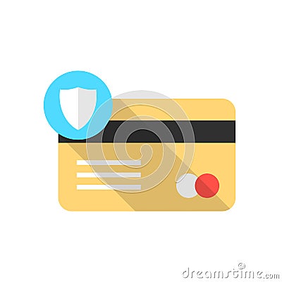 Golden credit card with blue shield icon and long shadow Vector Illustration