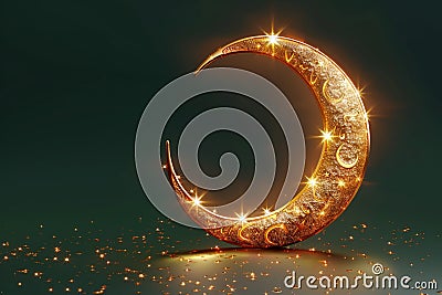 Golden crescent moon shines in 3D Ramadan Kareem design Stock Photo