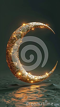 Golden crescent moon shines in 3D Ramadan Kareem design Stock Photo