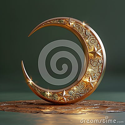 Golden crescent moon shines in 3D Ramadan Kareem design Stock Photo