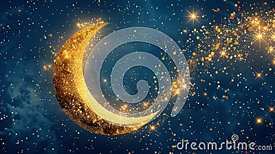 Golden crescent moon with stars and clouds on dark night sky background Stock Photo