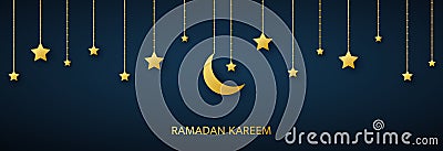 Golden crescent and stars hanging on dark background. Ramadan Kareem arabic banner. Luxury gold design elements for Vector Illustration