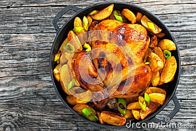 Golden crispy skin chicken grilled in oven with potato wedges Stock Photo