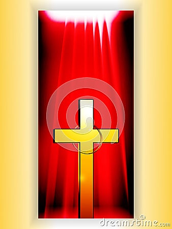 Golden Cross with ring over reb banner Stock Photo