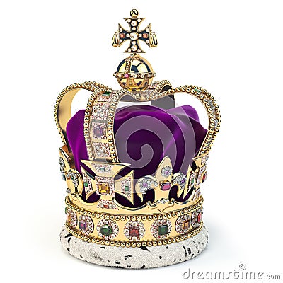 Golden crown with jewels isolated on white. English royal symbol of UK monarchy Cartoon Illustration