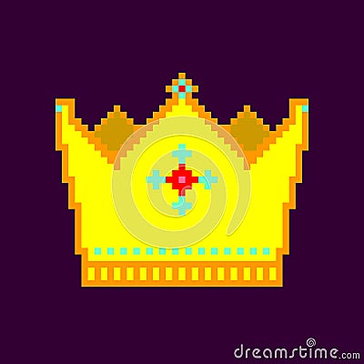 Golden crown pixel art isolated on dark background, Monarchy symbol pictogram game element vector Vector Illustration