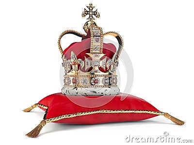 Golden crown on red velvet pillow for coronation. Royal symbol of british UK monarchy Cartoon Illustration