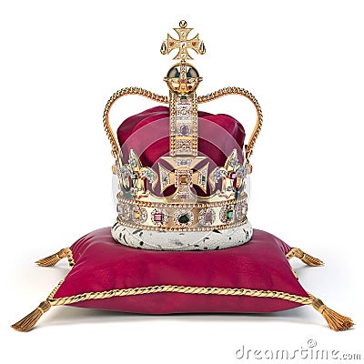 Golden crown on red velvet pillow for coronation. Royal symbol of british UK monarchy Cartoon Illustration