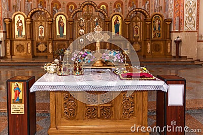 Golden crowns on altar Stock Photo