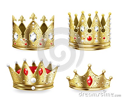 Golden crowns. 3D realistic royal heraldic decoration element, King and queen medieval luxury set. Vector isolated Vector Illustration