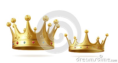 Golden realistic king or queen crown set with gems Vector Illustration