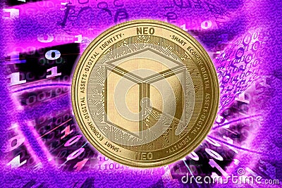 Golden Crypto Coin NEO, on the background of the Binary code with tunnels with energies Stock Photo