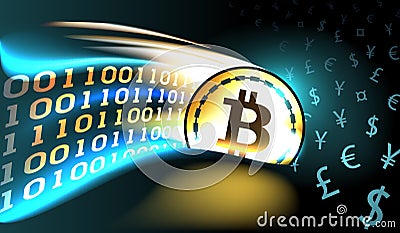 Golden crypto currency bitcoin with glowing binary trail opens the era of digital money Vector Illustration