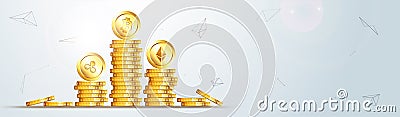 Golden cryptocoins, Bitcoin, Ethereum, and Ripple on blue backg Editorial Stock Photo