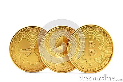 Golden cryptocurrencies coins: Ethereum, Bitcoin, Ripple Cartoon Illustration