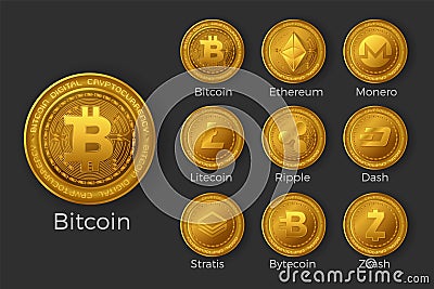 Golden cryptocurrency coin icon sets Vector Illustration