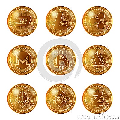 Golden cryptocurrency coins set Vector Illustration