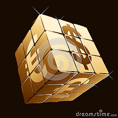 Golden cube with currency signs Vector Illustration