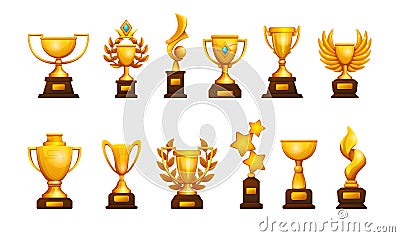 Golden cup. Cartoon winning award. Sport competitions trophy of gold. Blank achievement reward with handles. First place Vector Illustration