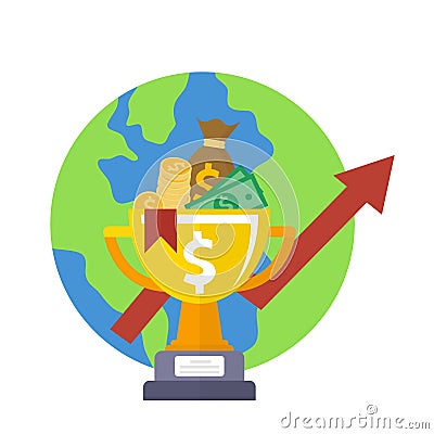 Golden cup championship prize with money icon. Award first place. Money profits and global economy world savings icon Vector Illustration