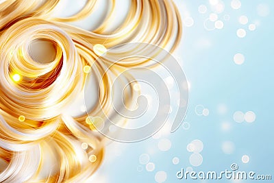 Golden curls flow elegantly against a soft blue background, illuminated by shimmering bokeh effects that enhance the Stock Photo