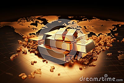 Golden currency, world finance, and 3D gold bars symbolize global investment Stock Photo