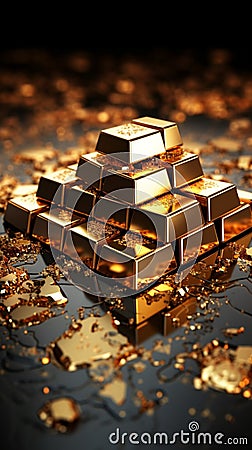 Golden currency, world finance, and 3D gold bars symbolize global investment Stock Photo